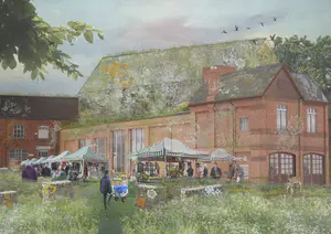 This visual represents the vision for the thesis, buildings covered in lichens, air purifying plants and community activities held on the Highstreet. This visual focuses in on the proposed site for the building and shows expression of a raised new build component on site as well as a full and wild landscaping plan.